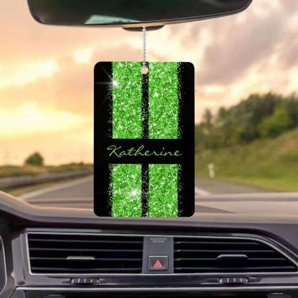 Green Race Stripe Sparkle Glitter Customized Printed Car Hanging