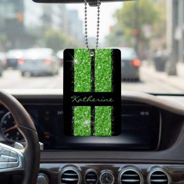 Green Race Stripe Sparkle Glitter Customized Printed Car Hanging