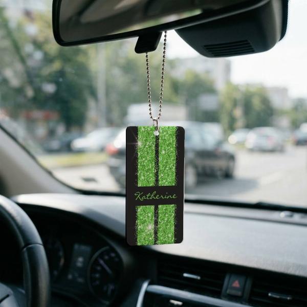 Green Race Stripe Sparkle Glitter Customized Printed Car Hanging