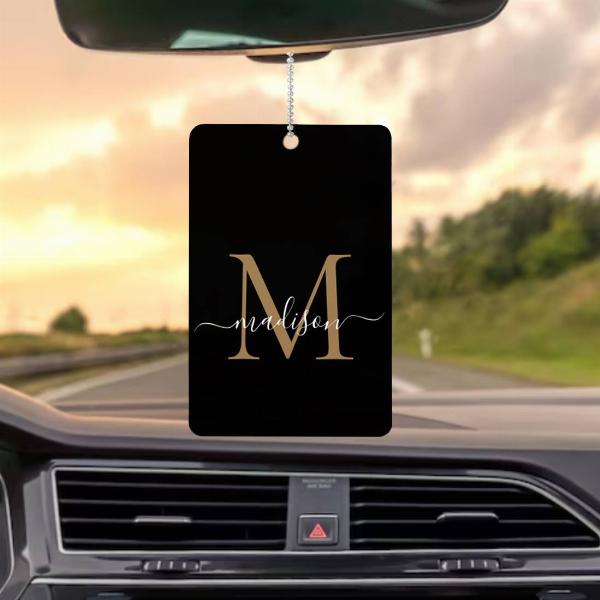 Elegant Black Gold Monogram Cute Girly Chic Script Customized Printed Car Hanging