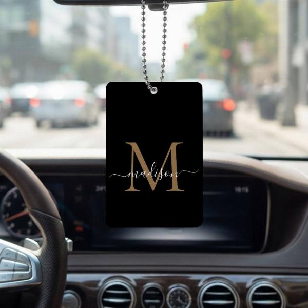 Elegant Black Gold Monogram Cute Girly Chic Script Customized Printed Car Hanging