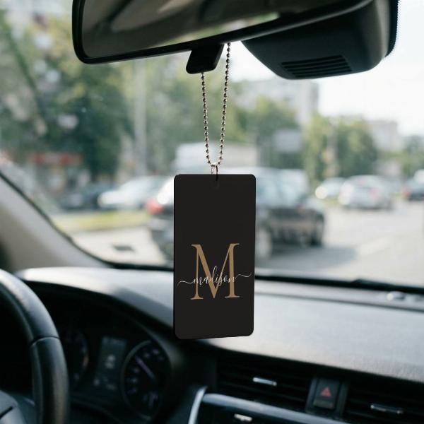Elegant Black Gold Monogram Cute Girly Chic Script Customized Printed Car Hanging