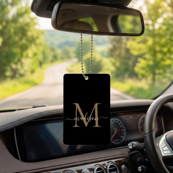 Elegant Black Gold Monogram Cute Girly Chic Script Customized Printed Car Hanging