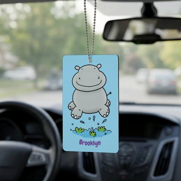 Cute Hippo Jumping Cartoon Illustration Customized Printed Car Hanging