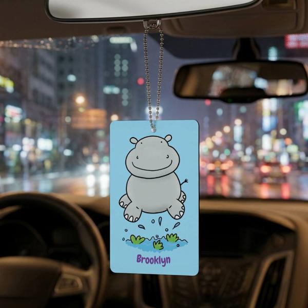 Cute Hippo Jumping Cartoon Illustration Customized Printed Car Hanging