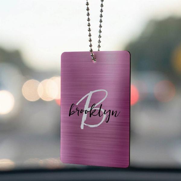 Glam Pink Brushed Metal Black White Monogram Customized Printed Car Hanging
