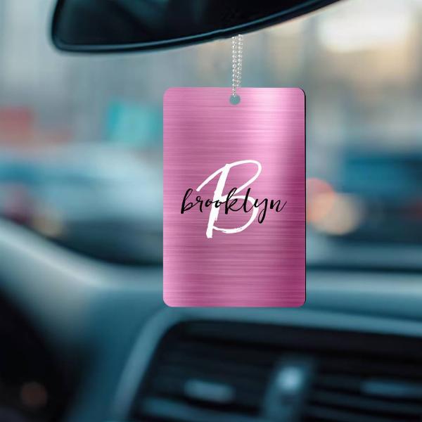 Glam Pink Brushed Metal Black White Monogram Customized Printed Car Hanging
