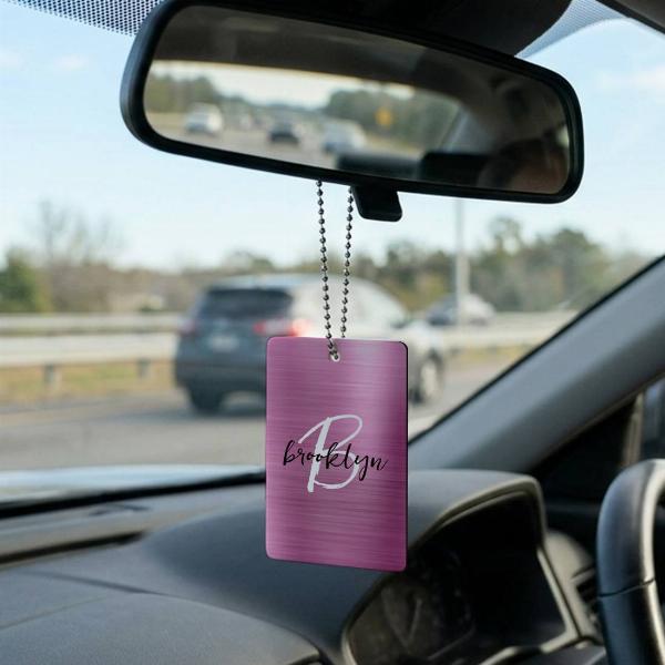 Glam Pink Brushed Metal Black White Monogram Customized Printed Car Hanging