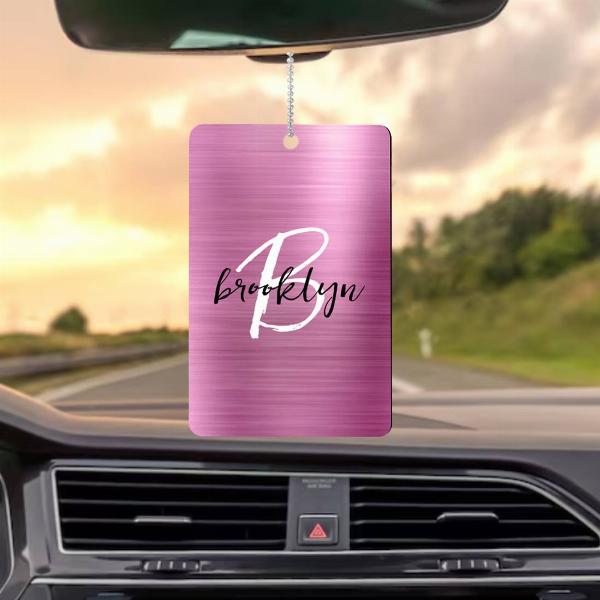 Glam Pink Brushed Metal Black White Monogram Customized Printed Car Hanging