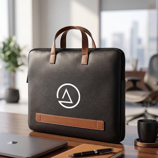 Customized Premium Black Leather Laptop Sleeve Bag with Tan Handles