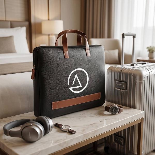 Customized Premium Black Leather Laptop Sleeve Bag with Tan Handles