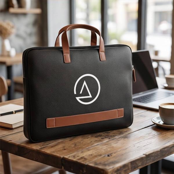 Customized Premium Black Leather Laptop Sleeve Bag with Tan Handles