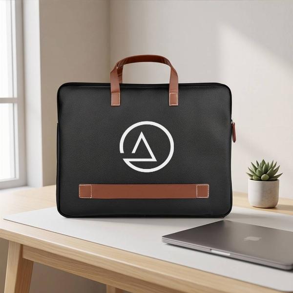 Customized Premium Black Leather Laptop Sleeve Bag with Tan Handles