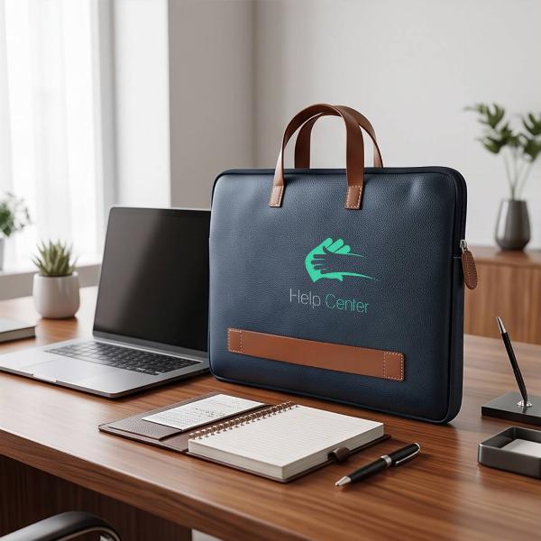Customized Premium Navy Blue Leather Laptop Sleeve Bag with Tan Handles