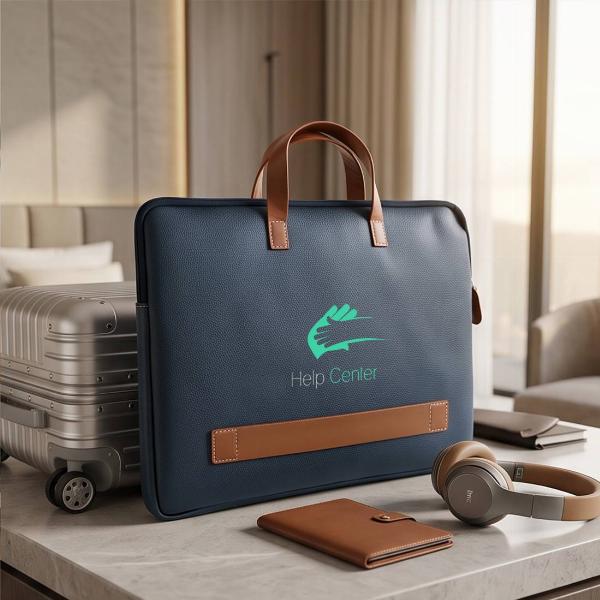 Customized Premium Navy Blue Leather Laptop Sleeve Bag with Tan Handles
