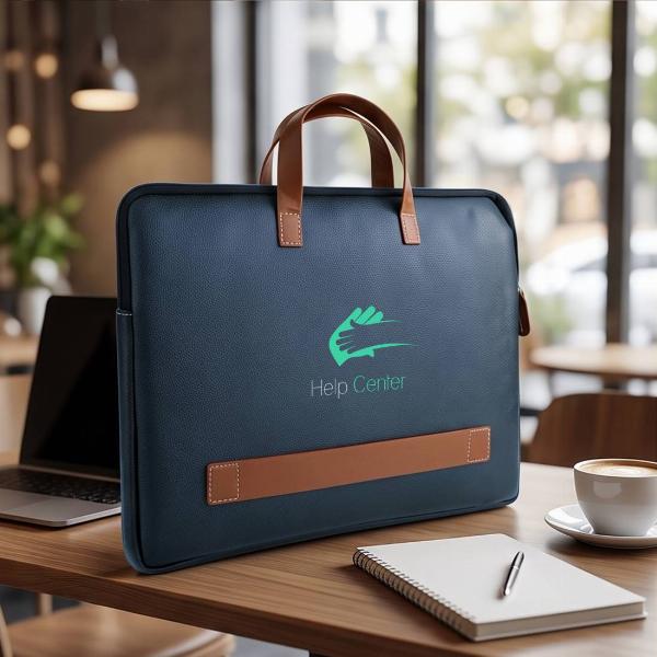 Customized Premium Navy Blue Leather Laptop Sleeve Bag with Tan Handles