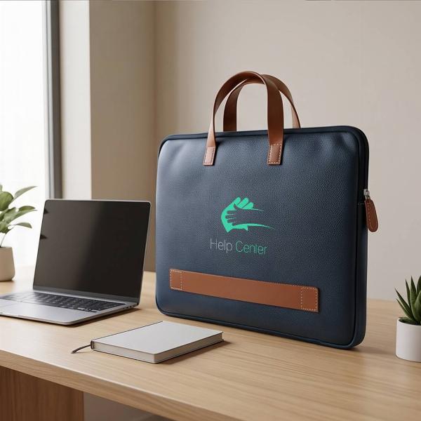 Customized Premium Navy Blue Leather Laptop Sleeve Bag with Tan Handles