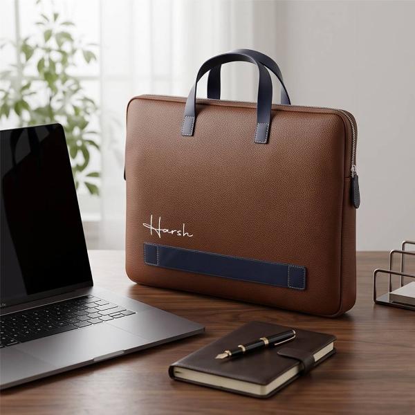Customized Premium Brown Leather Laptop Sleeve Bag with Navy Handles