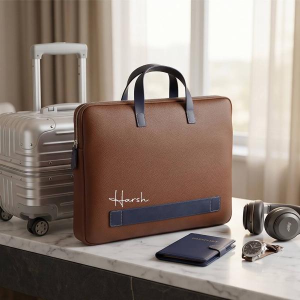 Customized Premium Brown Leather Laptop Sleeve Bag with Navy Handles