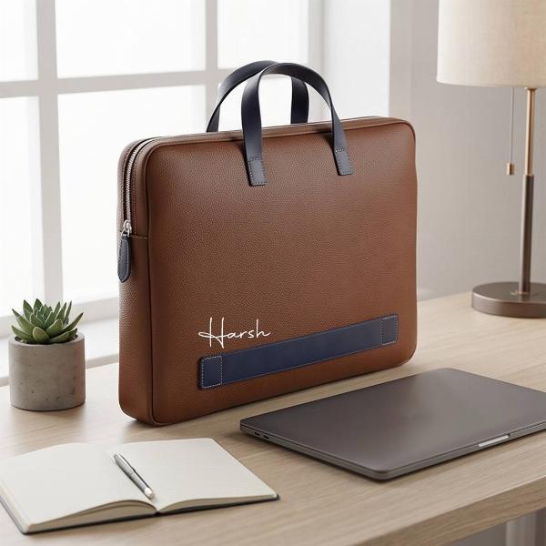 Customized Premium Brown Leather Laptop Sleeve Bag with Navy Handles