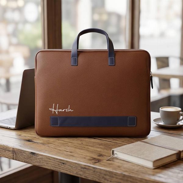 Customized Premium Brown Leather Laptop Sleeve Bag with Navy Handles