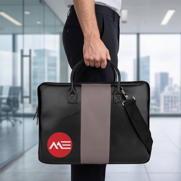 Customized Black Leather Laptop Bag with Grey Center Stripe & Dual Handles