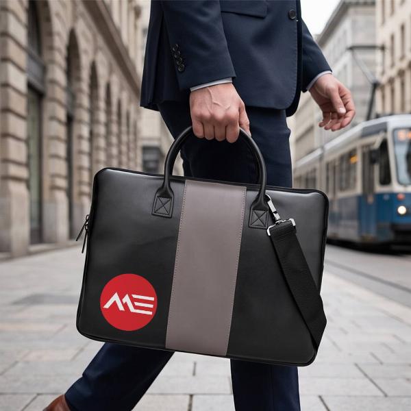Customized Black Leather Laptop Bag with Grey Center Stripe & Dual Handles