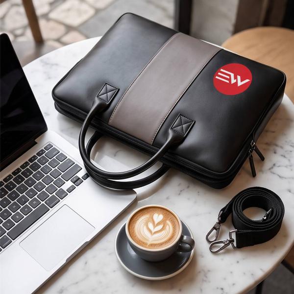 Customized Black Leather Laptop Bag with Grey Center Stripe & Dual Handles