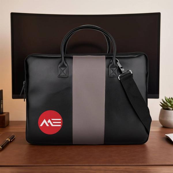 Customized Black Leather Laptop Bag with Grey Center Stripe & Dual Handles