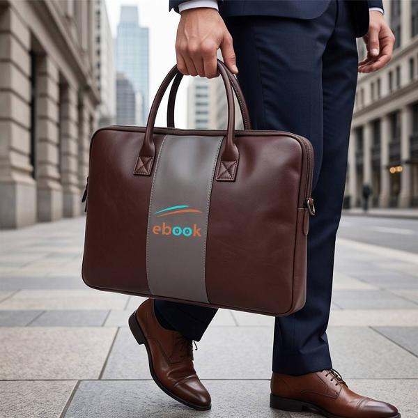 Customized Brown Leather Laptop Bag with Grey Center Stripe & Dual Handles