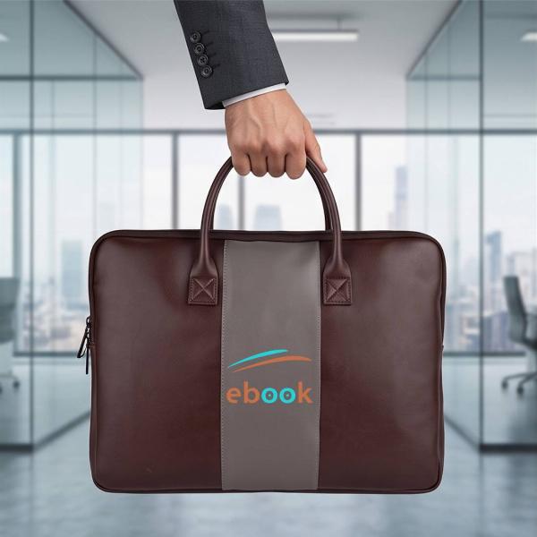 Customized Brown Leather Laptop Bag with Grey Center Stripe & Dual Handles