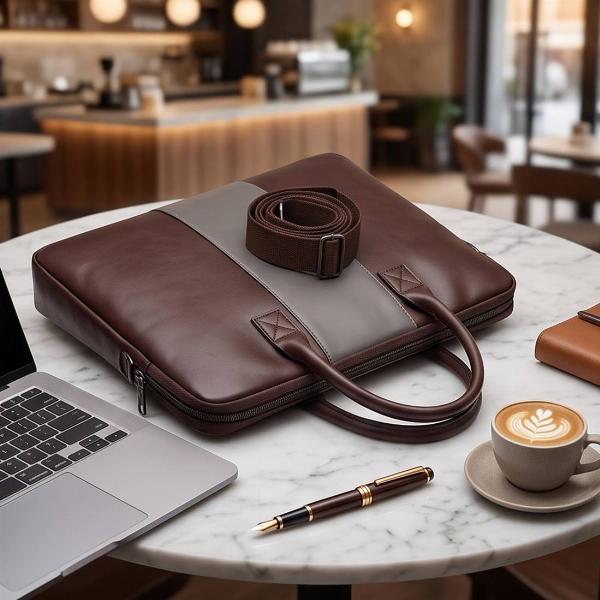 Customized Brown Leather Laptop Bag with Grey Center Stripe & Dual Handles