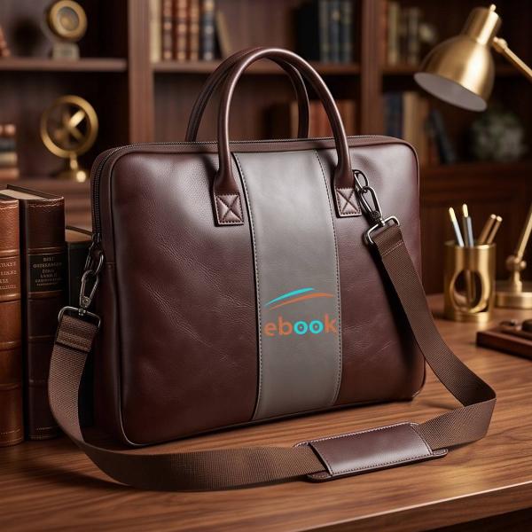 Customized Brown Leather Laptop Bag with Grey Center Stripe & Dual Handles
