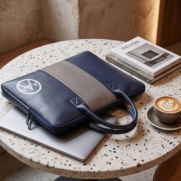 Customized Navy Blue Leather Laptop Bag with Grey Center Stripe & Dual Handles