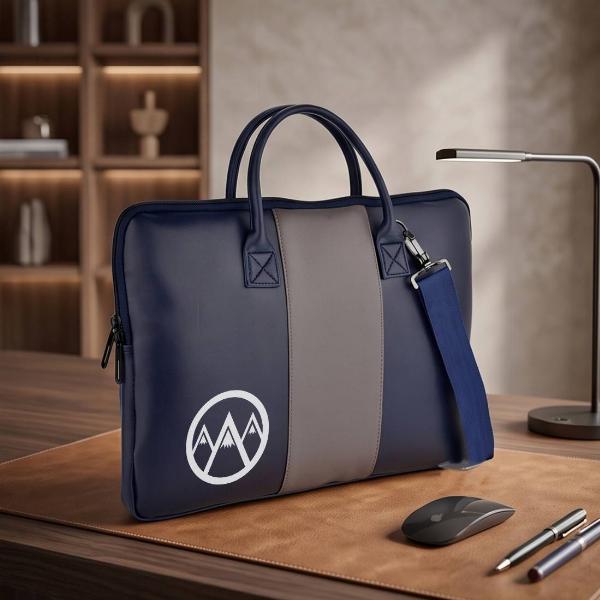 Customized Navy Blue Leather Laptop Bag with Grey Center Stripe & Dual Handles