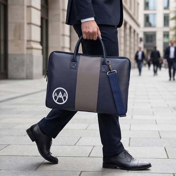 Customized Navy Blue Leather Laptop Bag with Grey Center Stripe & Dual Handles
