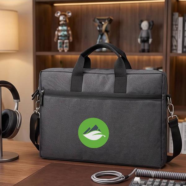 Customized Grey Fabric Laptop Messenger Bag with Front Zip Pocket & Handles