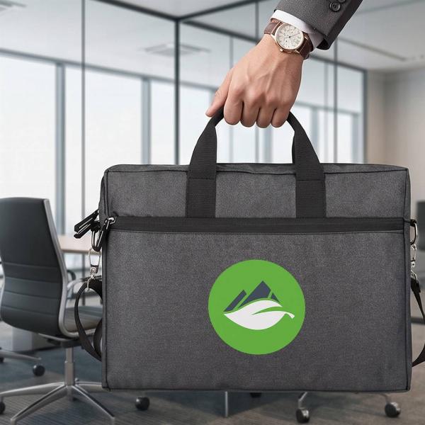 Customized Grey Fabric Laptop Messenger Bag with Front Zip Pocket & Handles
