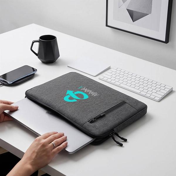 Customized Slim Dark Grey Fabric Laptop Sleeve with Front Zip Pocket