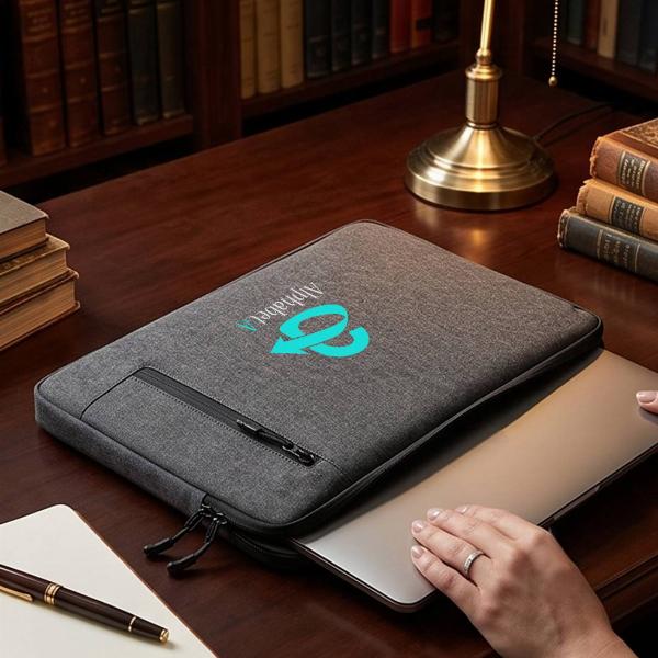 Customized Slim Dark Grey Fabric Laptop Sleeve with Front Zip Pocket