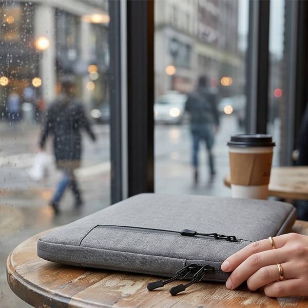 Customized Slim Light Grey Fabric Laptop Sleeve with Vertical Zip Pocket
