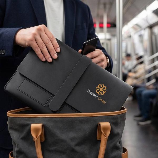 Customized Black Leather Laptop Envelope Sleeve with Strap Closure