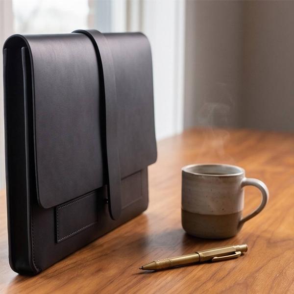 Customized Black Leather Laptop Envelope Sleeve with Strap Closure