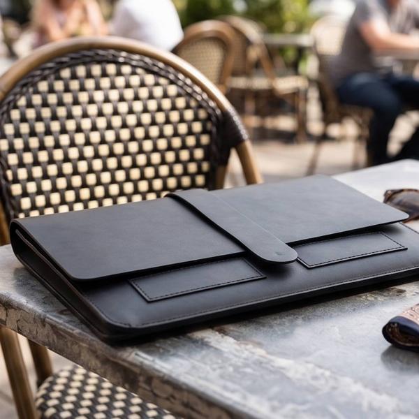 Customized Black Leather Laptop Envelope Sleeve with Strap Closure