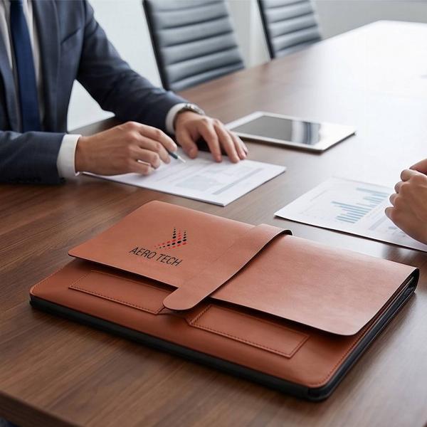 Customized Brown Leather Laptop Envelope Sleeve with Strap Closure