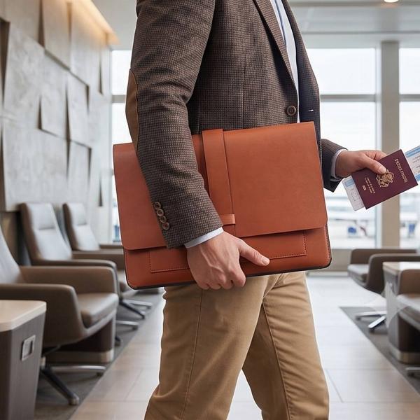 Customized Brown Leather Laptop Envelope Sleeve with Strap Closure