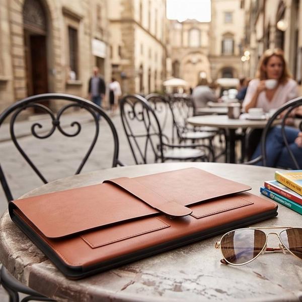 Customized Brown Leather Laptop Envelope Sleeve with Strap Closure