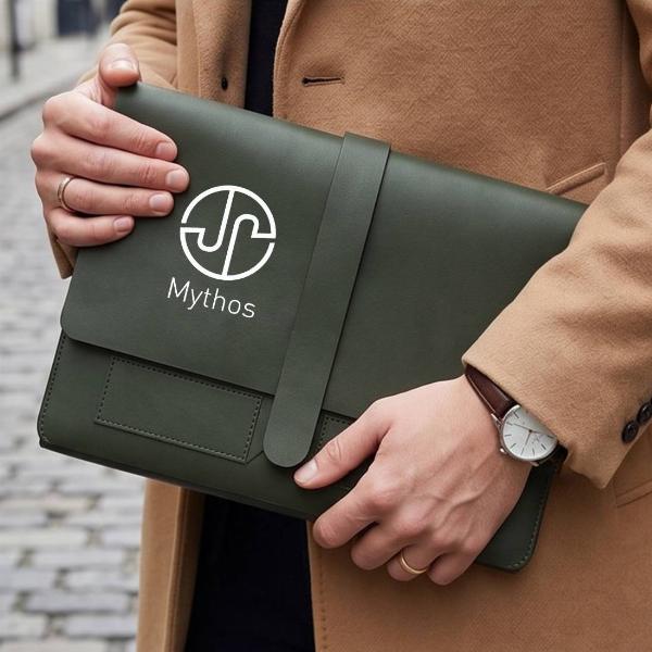 Customized Olive Green Leather Laptop Envelope Sleeve with Strap Closure