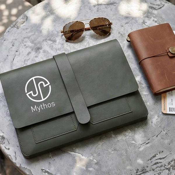 Customized Olive Green Leather Laptop Envelope Sleeve with Strap Closure