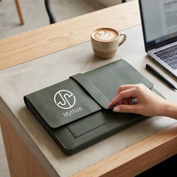 Customized Olive Green Leather Laptop Envelope Sleeve with Strap Closure